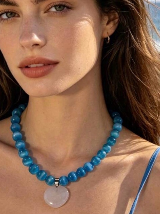Anthropologie Jewelry - Anthropologie Blue Beaded Necklace with White Heart Pendant